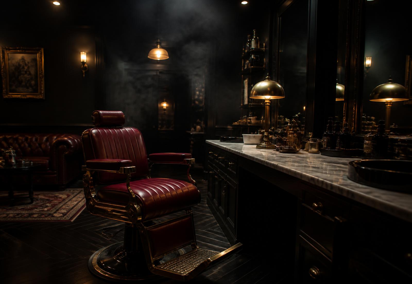 Interior of 7 Star Salon with brass lamps and an oxblood leather barber chair